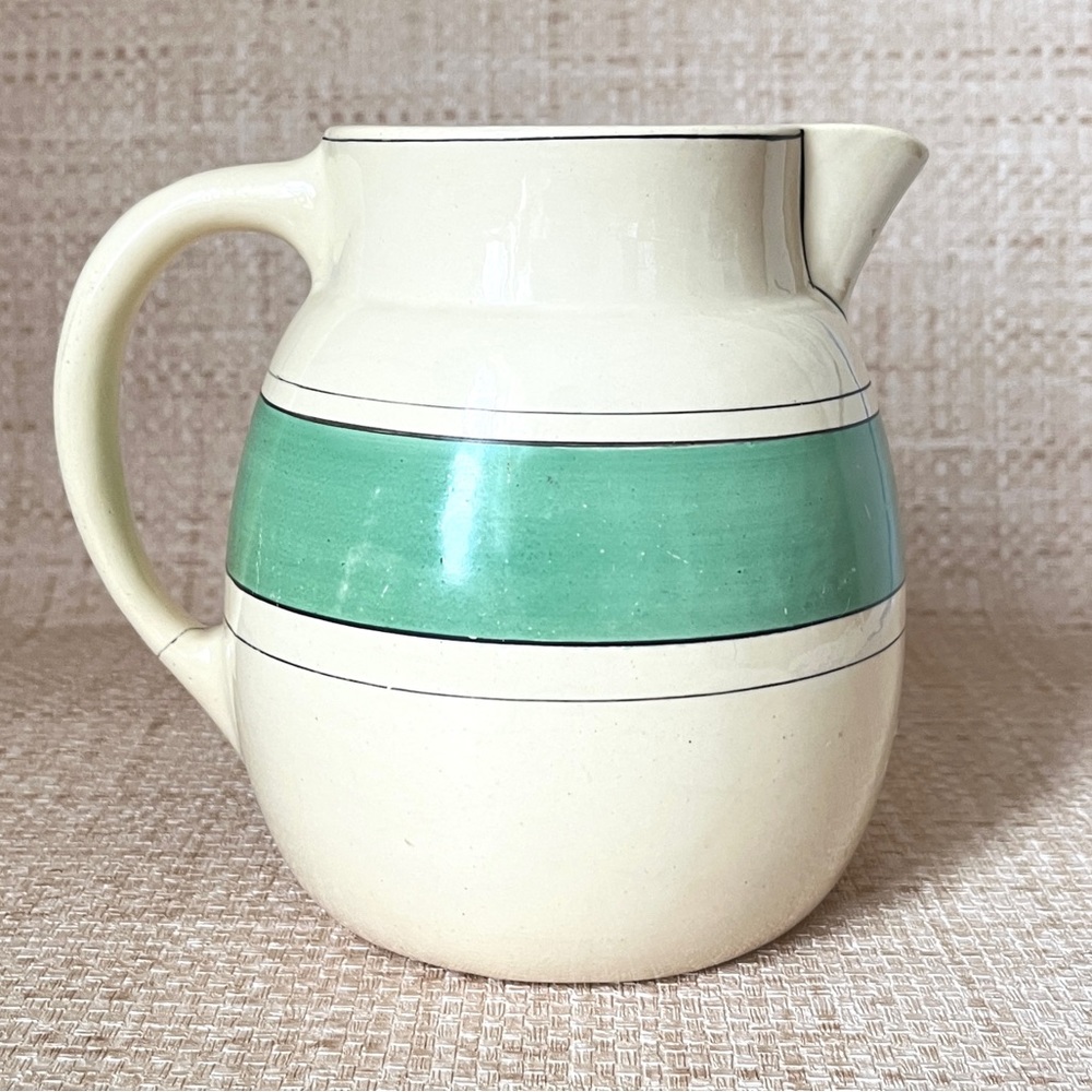 Roseville Pottery Creamware Pitcher Green Band 5453 1920s Art Deco Farmhouse